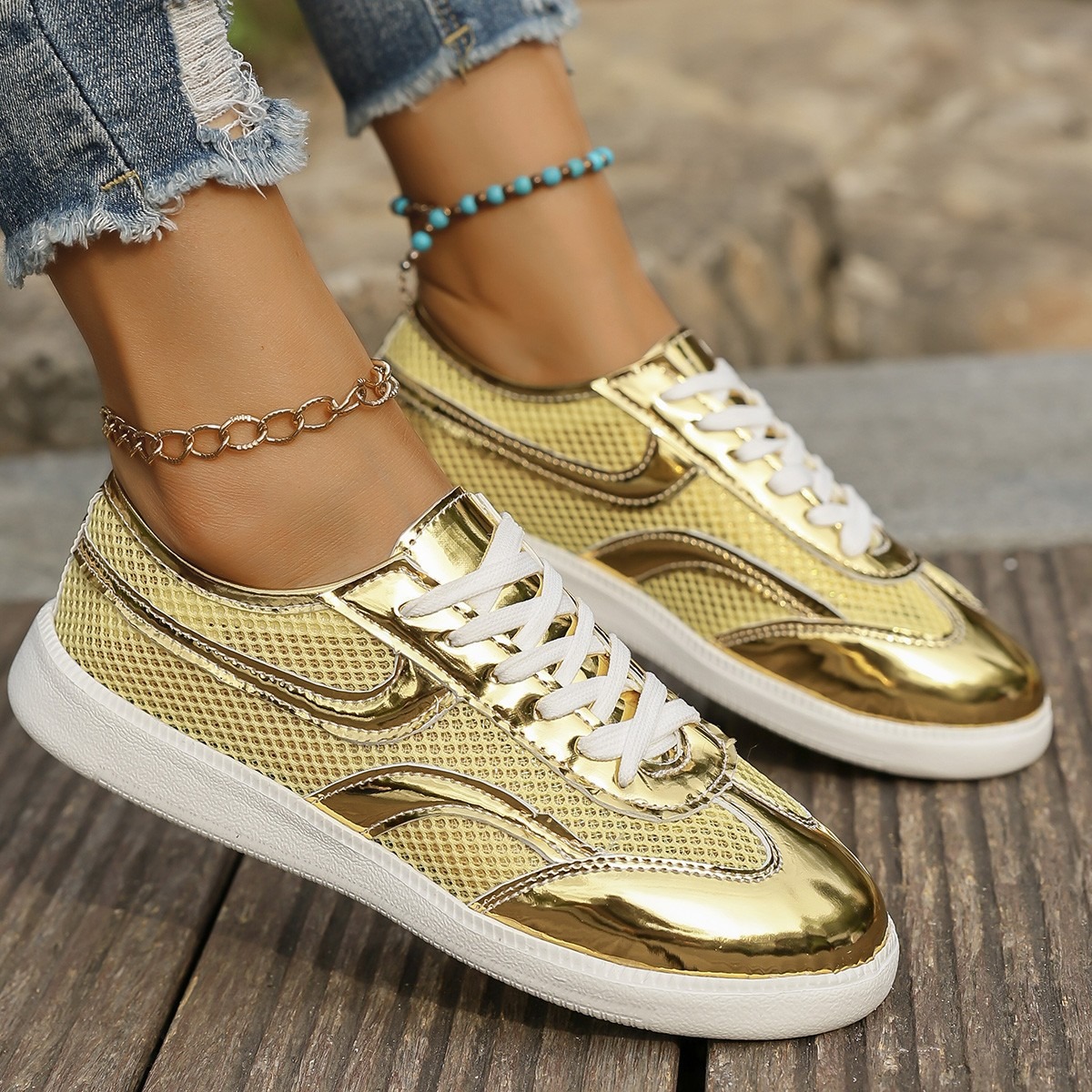 Knit Fabric Lace Up Sneakers - Sepatu Kets Wanita Baru Sepatu Olahraga