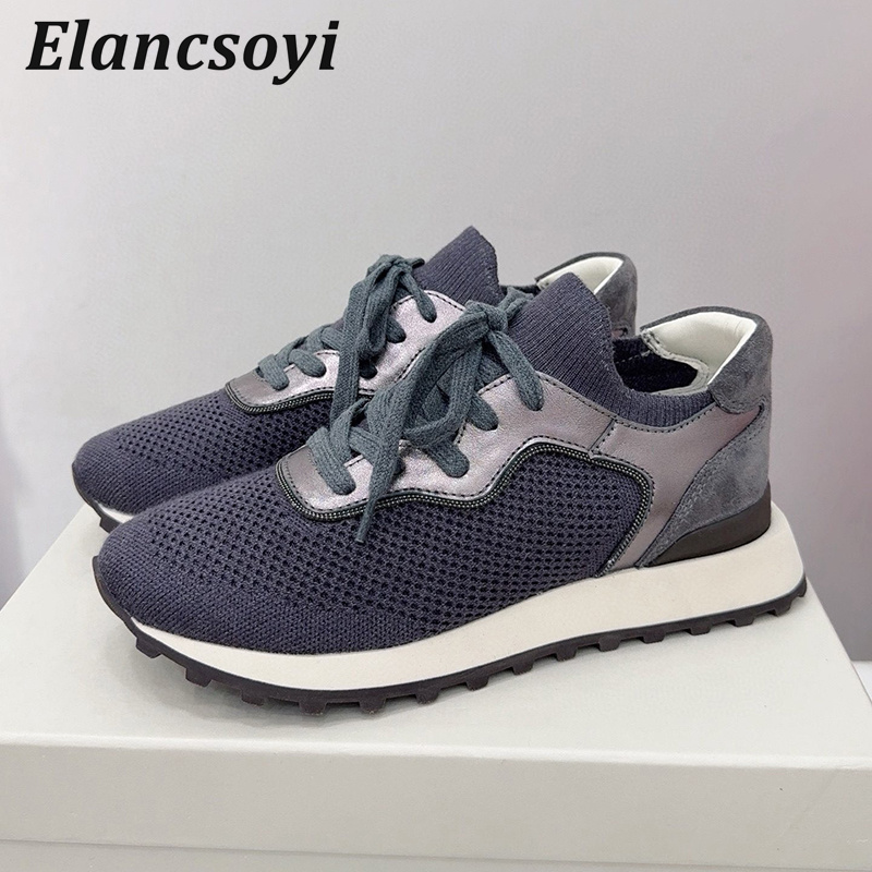 Knit Fabric Lace Up Sneakers - Sepatu Flat Wanita Sepatu Kasual Rajutan