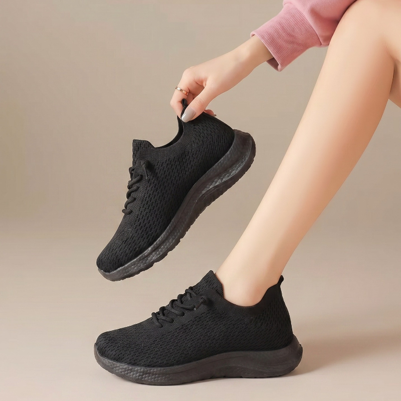 Knit Fabric Lace Up Sneakers - Sepatu Jalan Wanita Musim Panas Berbahan