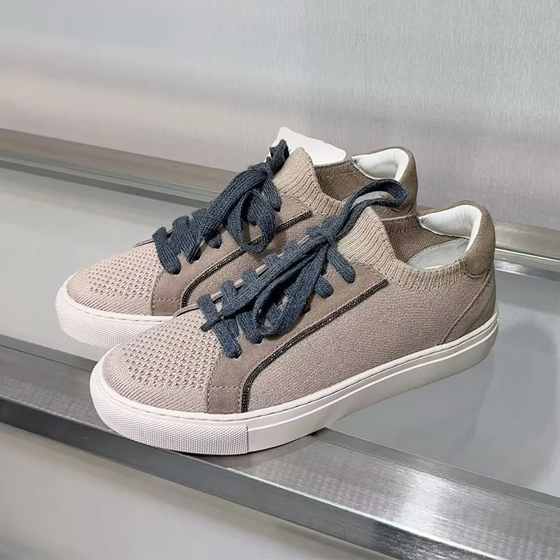 Knit Fabric Lace Up Sneakers - Sepatu Rajut Wanita Bersirkulasi Sepatu Kasual