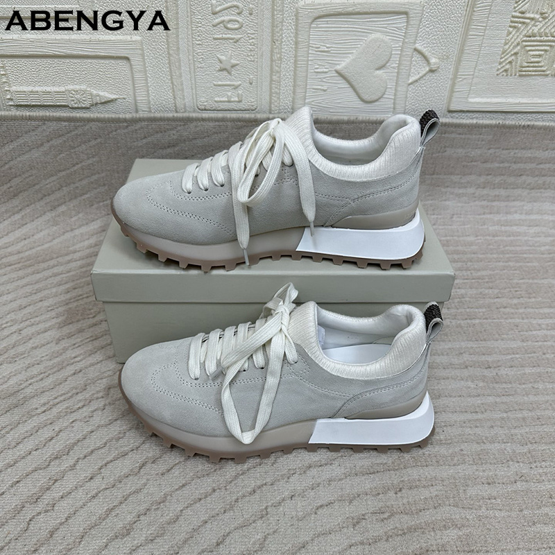 Knit Fabric Lace Up Sneakers - Sepatu Loafer Rajut Putih 2025 Wanita,