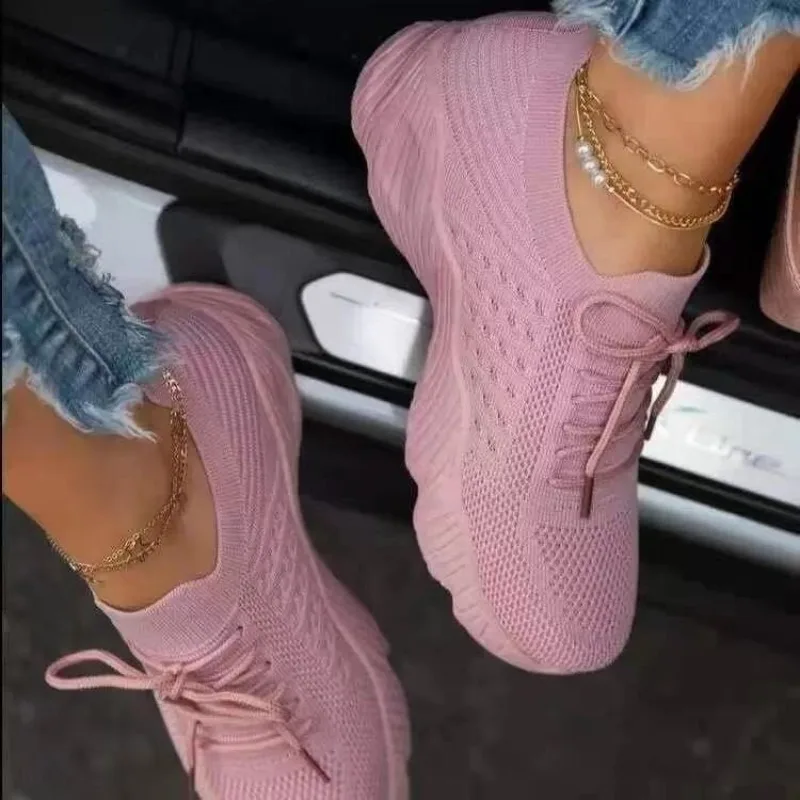 Sepatu Rajut Kasual Wanita, Be - Knit Fabric Lace Up Sneakers ulasan dan harga