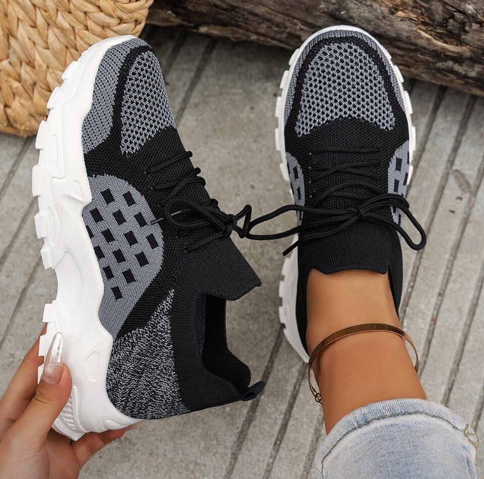 Sepatu Olahraga Wanita Berbaha - Knit Fabric Lace Up Sneakers ulasan dan harga