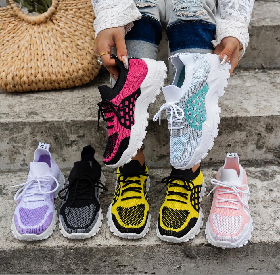 Sepatu Olahraga Wanita Berbaha - Knit Fabric Lace Up Sneakers ulasan dan harga