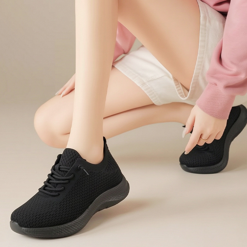Sepatu Jalan Wanita Musim Pana - Knit Fabric Lace Up Sneakers ulasan dan harga