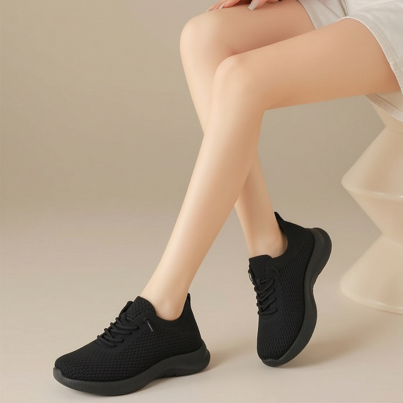 Sepatu Jalan Wanita Musim Pana - Knit Fabric Lace Up Sneakers ulasan dan harga