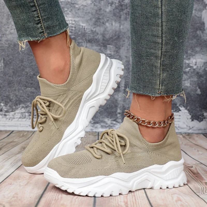 Sepatu Sneakers Platform Chunk - Knit Fabric Lace Up Sneakers ulasan dan harga