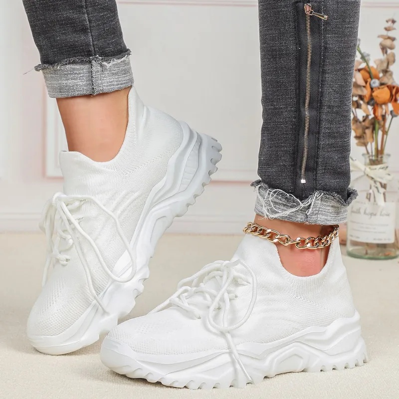 Sepatu Sneakers Platform Chunk - Knit Fabric Lace Up Sneakers ulasan dan harga