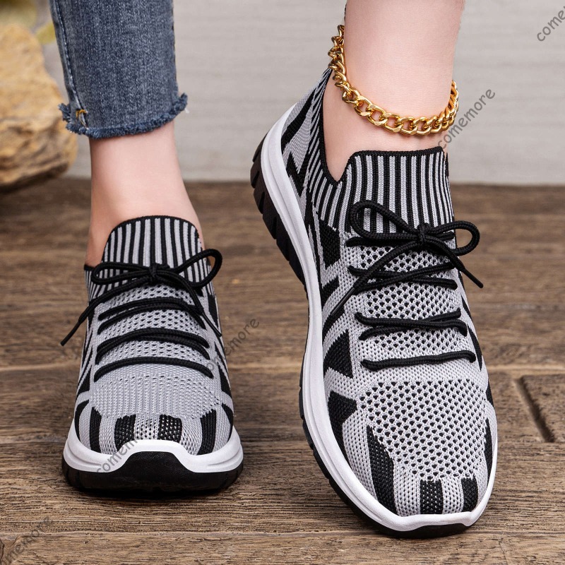 Sepatu Slip-On Rajut Wanita Se - Knit Fabric Lace Up Sneakers ulasan dan harga