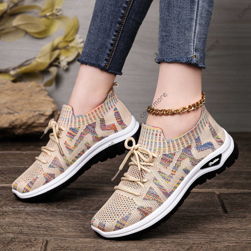 Sepatu Slip-On Rajut Wanita Se - Knit Fabric Lace Up Sneakers ulasan dan harga